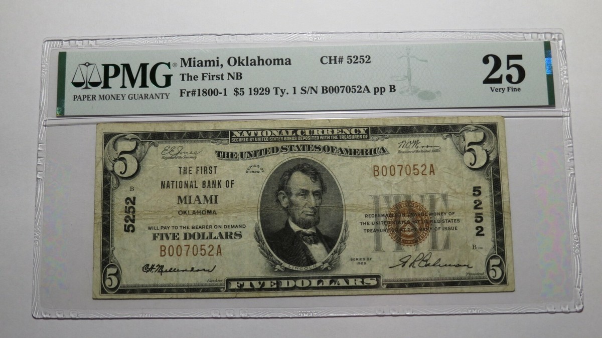 $5 1929 Miami Oklahoma OK National Currency Bank Note Bill Ch