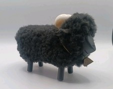 Vintage Woolly Ram Black Sheep Stuffed Figurine Large Horns Real Wool 6"x4"