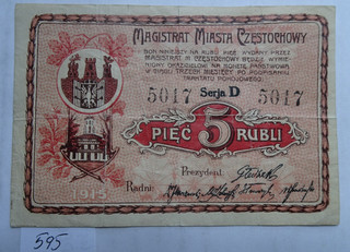 XXX RARE CZESTOCHOWA 5 Rubles Municipal Note 1915 (Series D No. 5017) BENT