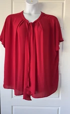 LANE BRYANT Woman's Plus Size Red Short Sleeve Sleeve Blouse Tie Neck  SZ 26