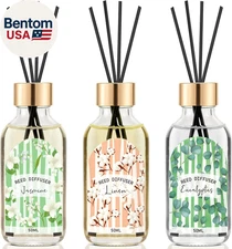 Reed Diffuser of 3 Pack, Linen Eucalyptus Jasmine Oil Diffuser Set with 15 Stick
