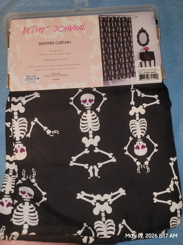 Betsey Johnson Yoga Skeleton Shower Curtain 70x72 Black/White Polyester Washable