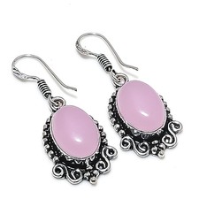 Pink Rose Quartz Gemstone Handmade 925 Sterling Silver Jewelry Earring Size 2"