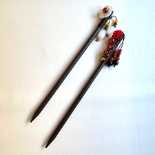 Vintage Chinese Wooden Hair Sticks Set Floral Beads  Red Rose /White Flower