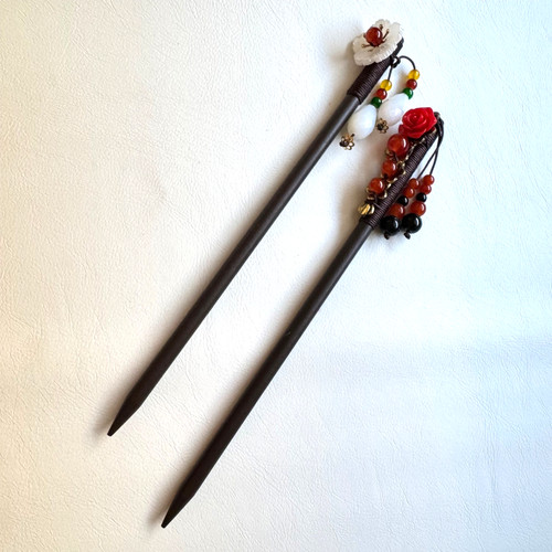 Vintage Chinese Wooden Hair Sticks Set Floral Beads & Red Rose /White Flower