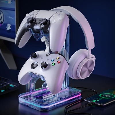 Gaming Headphones Stand RGB Headset Stand with 2 USB Charging Ports Dual Cont...