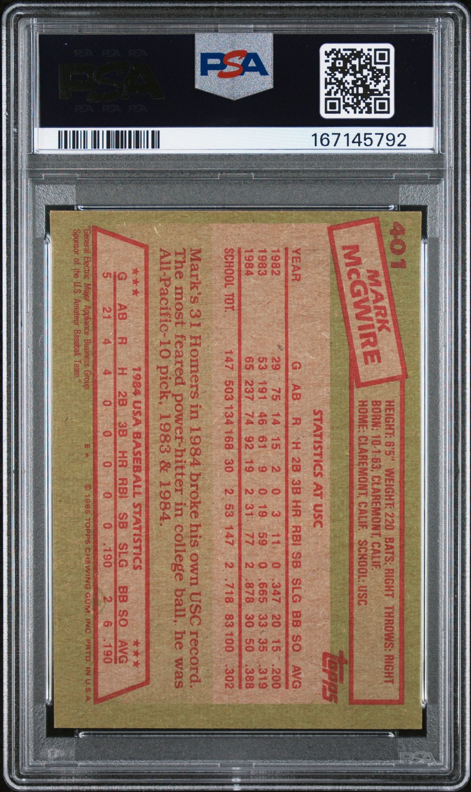 1985 TOPPS 1984 USA BASEBALL TEAM #401 MARK MCGWIRE ROOKIE RC PSA 6 view 2