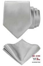 TIE G Solid Satin Woven dyed Color Formal Black Necktie and Pocket Heather Grey