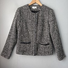 Cropped Tweed Jacket Size 8 Wool Blend Collarless Career Classic Preppy Blazer