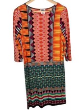 Vtg Y2k Monroe Main Midi Dress Lg Fall Orange Geometric Stretchy 3/4 Sleeve Boho