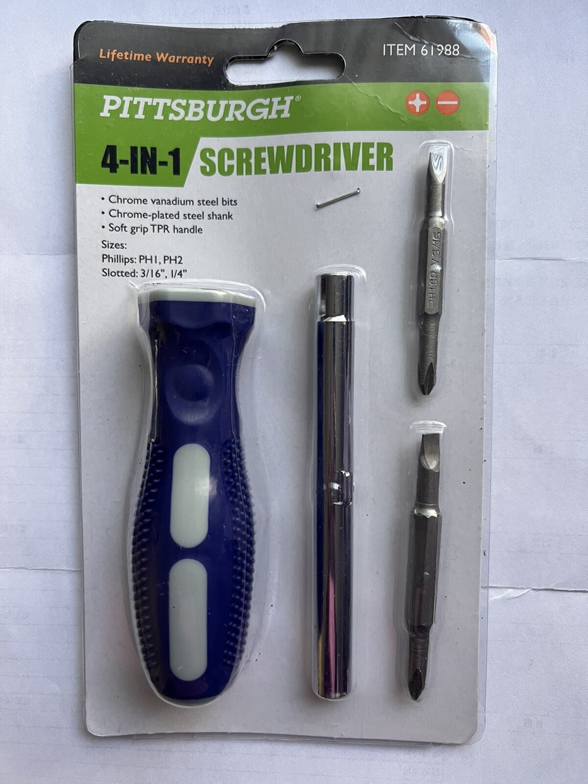 (NEW) 4 in 1 Screwdriver Ph1 & 2 Slotted 3/16 & 1/4" Steel Bit Storage In Handle