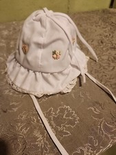 Vintage White Summer Baby Bonnet with Rose Embroidery Ribbon Ties, Ruffles, Lace