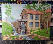 Vintage 1960 Paint by Numbers New England Grist Mill Stream 16" x 12" MCM PBN 
