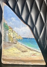 Vecchio dipinto olio originale Costiera Amalfitana su pezzo di stucco firmato BARRA