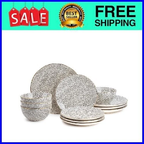 Thyme & Table 12-Piece Dinnerware Stoneware Set, Black & White Dot Collection