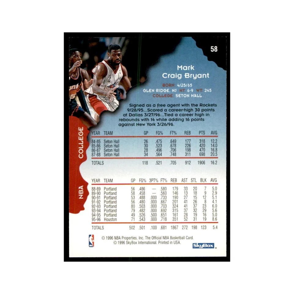 1996 Hoops Mark Bryant Rockets #58 - Image 2 of 3