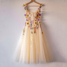 Light Yellow A-Line Prom Dresses Flower Tulle Tea Length EveningDress Customized