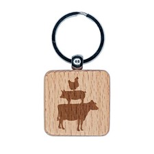 Chicken Pig Cow Stacked Engraved Wood Square Keychain Tag Charm