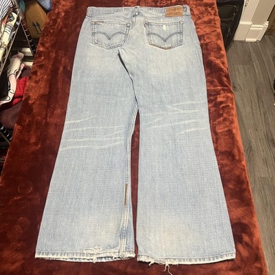 Levis 527 Low Boot Cut Jeans Mens 36x30 Light Wash Distressed Denim Frayed Hem
