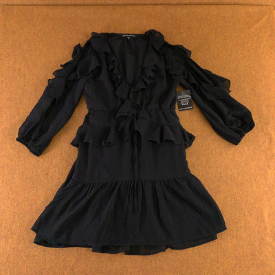 Boston Proper Womens XS Black Cold Shoulder Ruffle Detail Boho Peasant Dress NWT