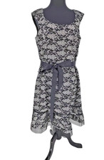 R M Richards Black Silver Thread Fit Flare Cocktail Dress Size 16 Lined Zip Belt