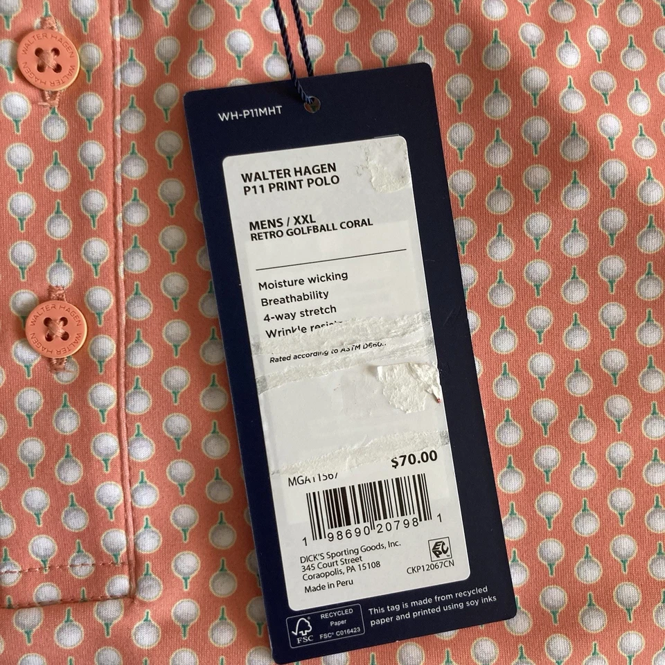 全新带标签 Walter Hagen 高尔夫 Polo 男式 2XL Coral Performance II 复古高尔夫球印花 — 第 4/4 张图片