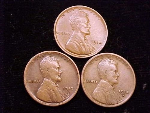 1912-P XF, 1912-D Fine, and 1912-S VG Lincoln Cents, a (3) Three Coin Lot.