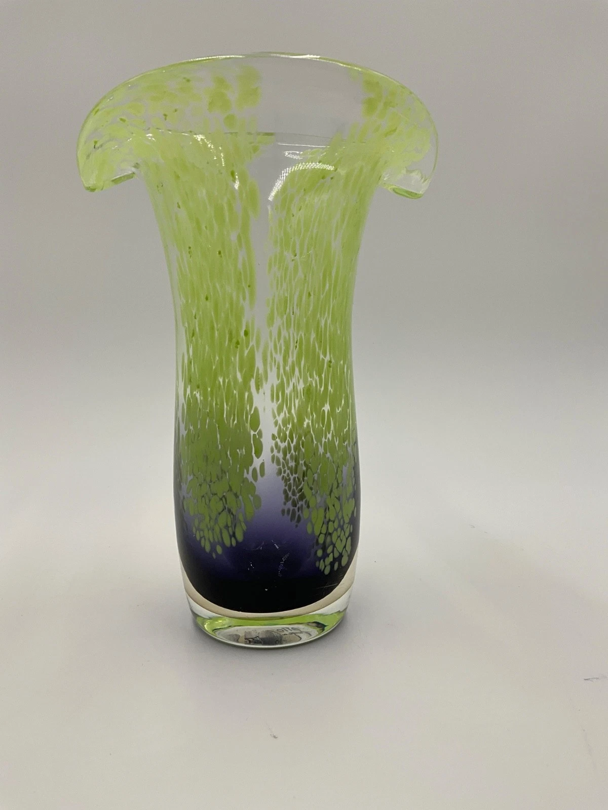 Vintage clear with celery green splatter dot vase with flared rim- 8” tall