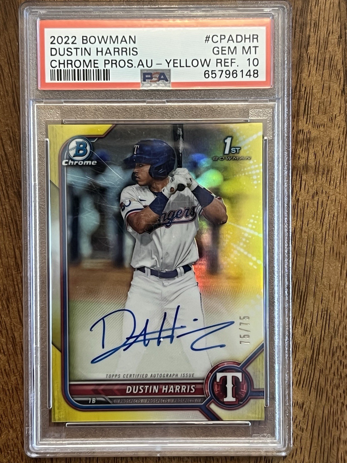 PSA 10 DUSTIN HARRIS AUTO 1st 2022 Bowman Chrome Rookie Yellow /75 RC GEM MINT