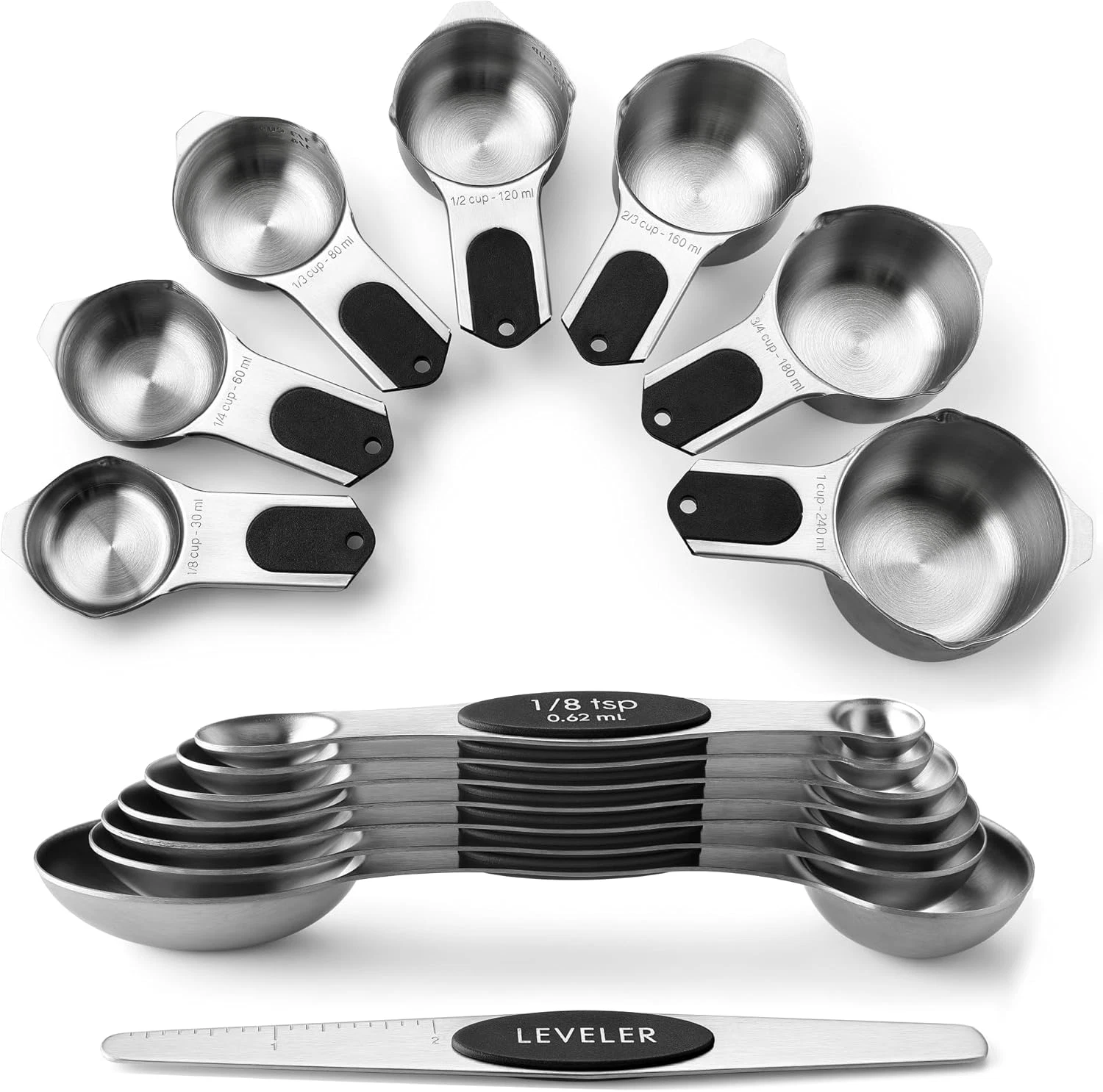 Stainless Steel Magnetic Measuring Cups & Spoons Set 15pc Baking Tools Black