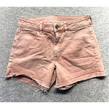American Eagle Hi-Rise Shortie Peach Coral Raw Hem Stretch Denim Shorts Size 4