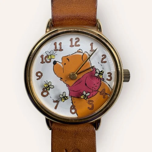 Vintage Timex Disney Winnie the Pooh Watch Gold Tone, Leather Strap With Wear