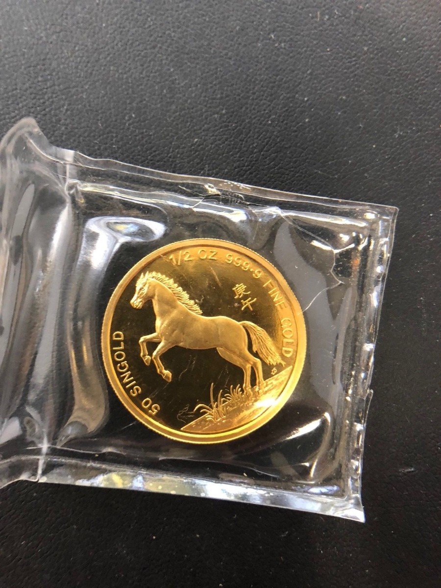 Singapore 1990 Year of Horse 1/2 oz Gold 50 Singold, In Singapore 1990 Year of Horse 1/2 oz Gold 50 Singold, In