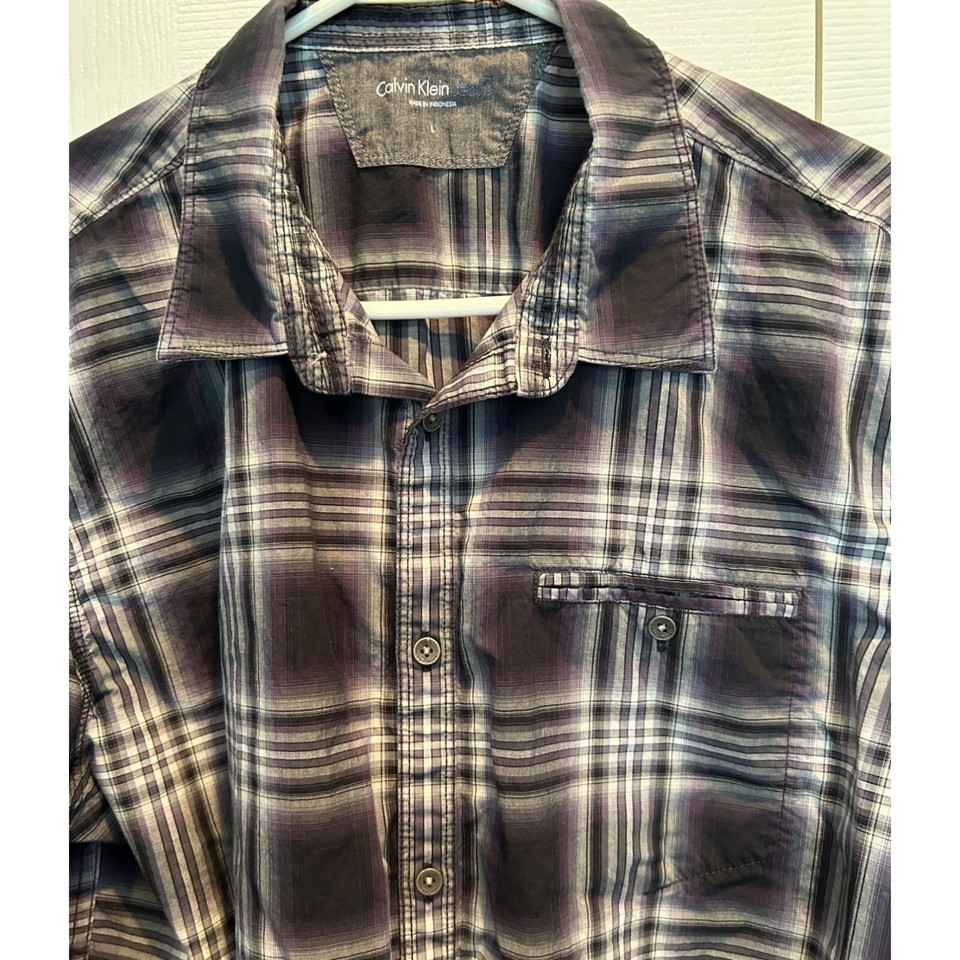 Calvin Klein Jeans Long Sleeve Shirt Large, Cotton Purple Gray Plaid eBay