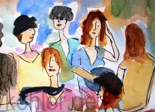 Bunte Frauenrunde – DIN A4 Aquarell-Druck | Farbenfrohe Kunst für gute Laune - Bild 3 von 6
