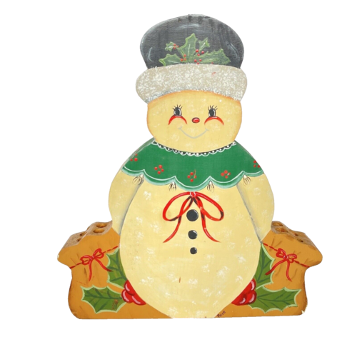 Vtg-Hand Painted Wooden Folk Art Snowman Standing Table Decor/Candycane Holder - Picture 1 of 7
