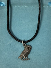 Roman Owl Silver Pewter Pendant On A Waxed Cord (W)