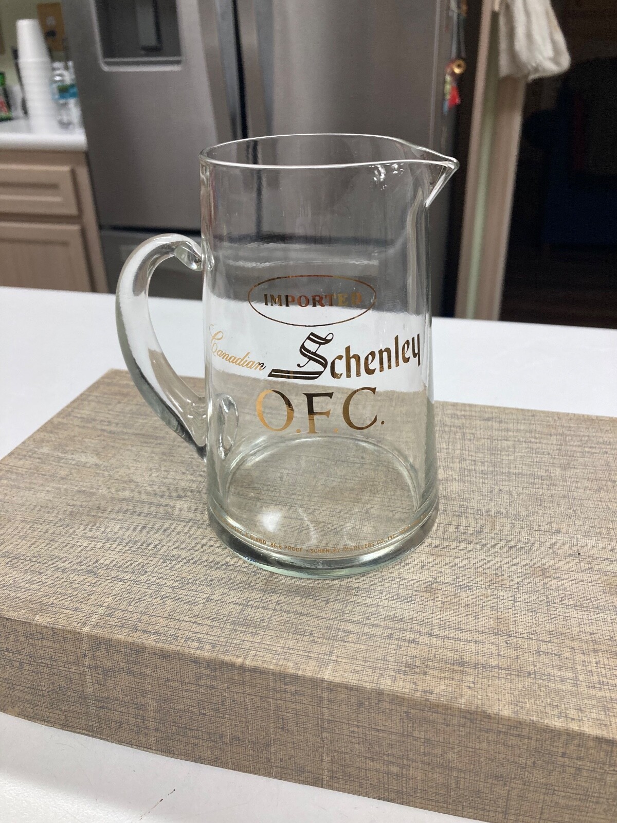 Vintage 5 inch clear glass pitcher Canadian Schenley OFC imported