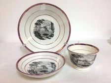 Rare 19th Century Staffordshire Pink Luster  3 Piece Tea Cup, Saucer & Desert 