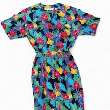 Ms Chaus Floral Midi Dress Hawaiian Print Vintage 80’s Size 8