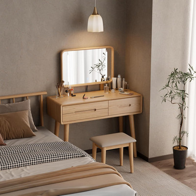 Elegant Solid Wood Makeup Vanity with Mirror & Lights - Natural Finish