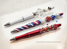 Handmade Beaded Ballpoint Pens Set of 6 Patriotic Crystal Rhinestone Decorative