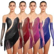 Womens Leotard Dress Bodysuit Halter Jumpsuit Tassel Dancewear Irregular Latin