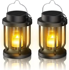 Solar Lantern Flickering LED Candle Outdoor Indoor Hanging Light 2 Pack Black