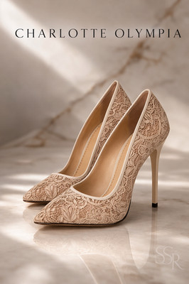 Charlotte Olympia Monroe Lace Mesh Pointed Toe Pumps Beige Stiletto Heel EU 36.5