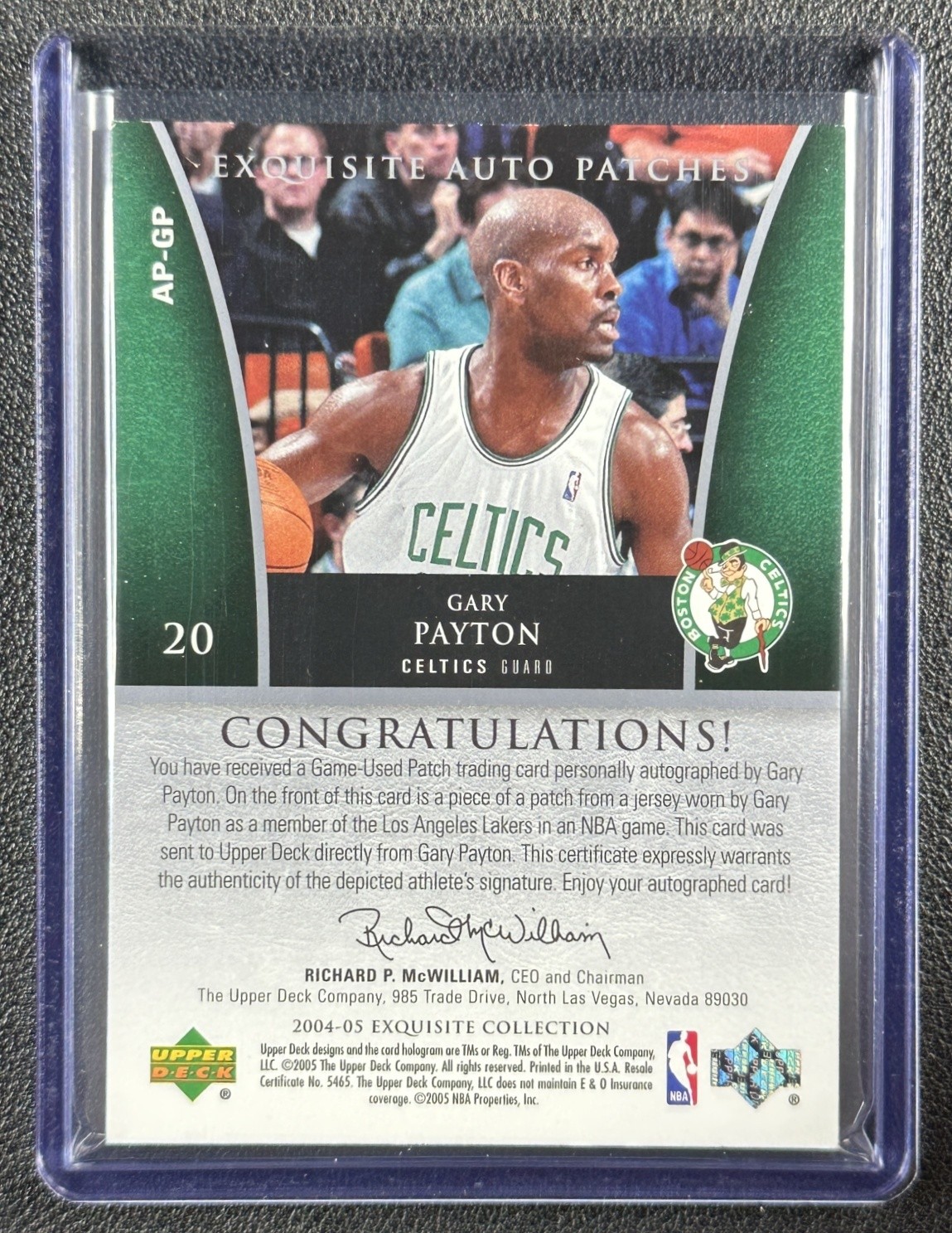 GARY PAYTON 2004-05 UPPER DECK EXQUISITE COLL #AP-GP GAME-USED PATCH AUTO 84/100 view 2
