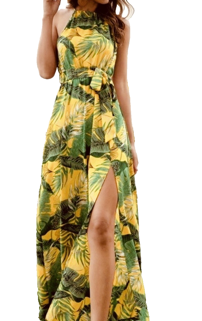 Women's Maxi Dress Sz XL Tropical Palm Fern Green Yellow Crepe Front Slit Resort