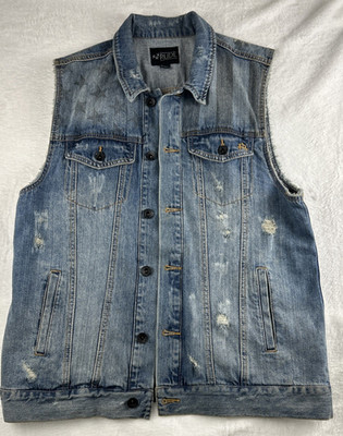 RUDE Denim Vest Distressed Jean Jacket L Trucker Biker Punk Grunge Stars Stripe