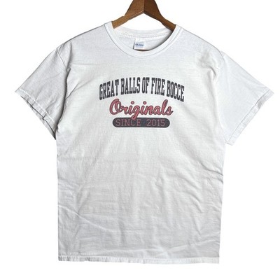 Gildan Great Balls of Fire Bocce Originals Graphic T-Shirt Mens Medium White