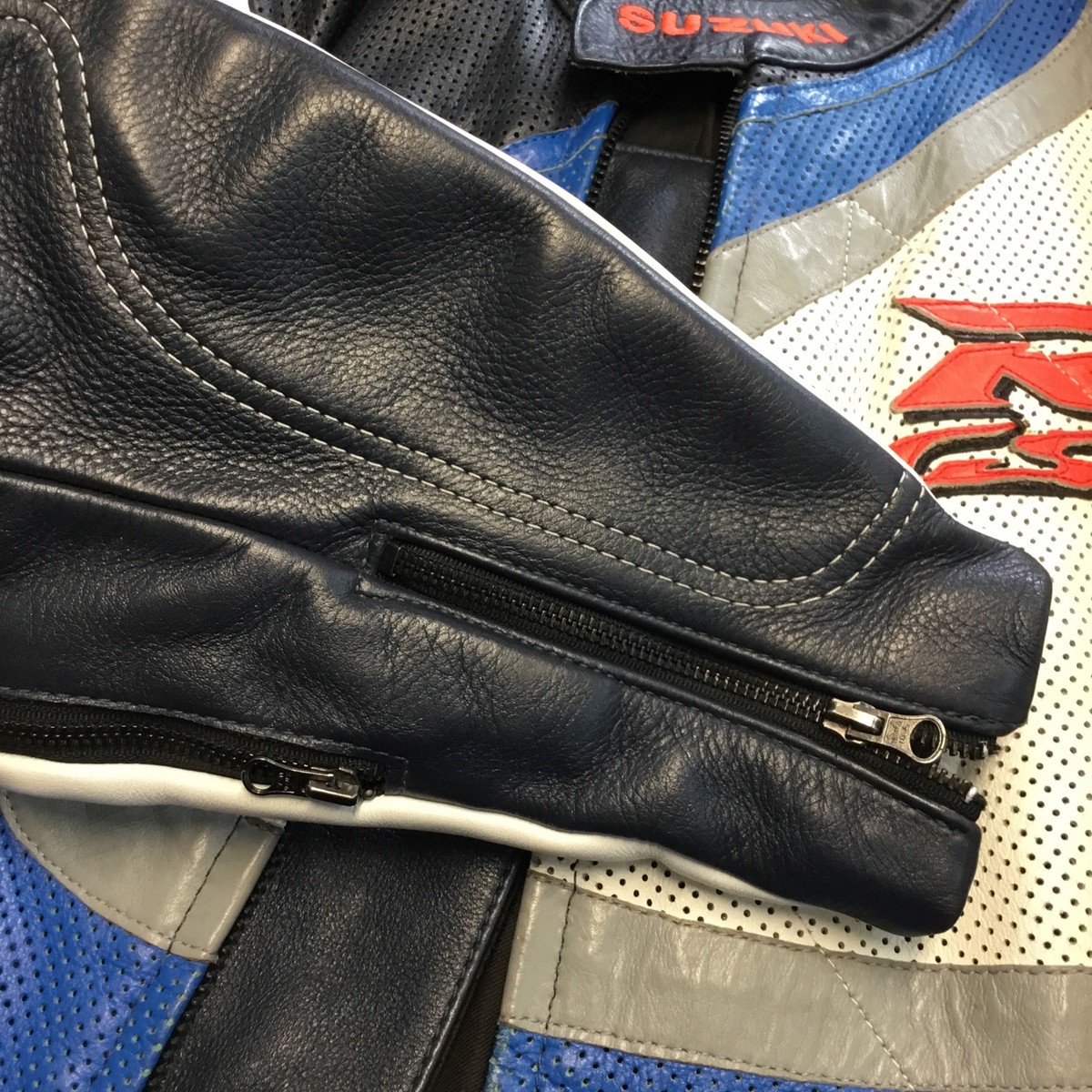 Suzuki Vanson Leather Jacket Motor Bike R CSX White Blue Grey